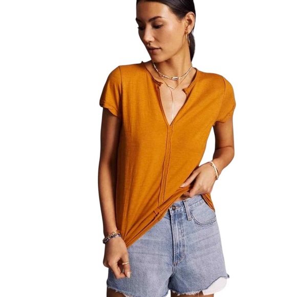 Anthropologie Pilcro Spliced Neck Tee Pressed Botanical Mustard Yellow Size M - Picture 1 of 11